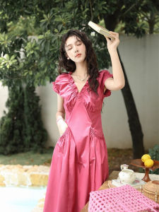 ชุดเดรสยาวปานกลางแขนพองคอวีสีม่วงอ่อนสไตล์ฝรั่งเศสสำหรับผู้หญิง ชุดทำงานฤดูใบไม้ผลิและฤดูร้อน