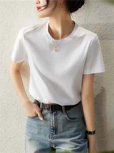 High-End Liquid Ammonia Shiny Cotton Short Sleeve Womens T-shirt round Neck Summer White Inner Wear Slim Fit Commute Style