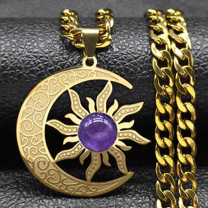 Wicca สร้อยคอดวงอาทิตย์และดวงจันทร์สแตนเลสตาเสือหินธรรมชาติจี้ประณีตสร้อยคอเครื่องประดับงานเลี้ยงของขวัญ N3079GDS03