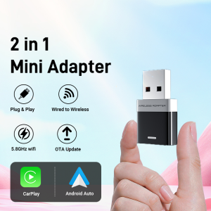 Wired to Wireless CarPlay and Android Auto 2 in 1 Mini Adapter 5GHz WiFi5 for 99% Original Wired CarPlay/Auto Cars Type-C/USB