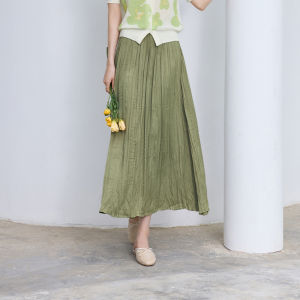 Elegant Long A-Line Skirt Womens Commute Silk Simulation Green Pleated High Waist City Walk Casual Date Office Skirt