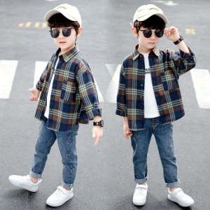 เสื้อเชิ้ตผู้ชายลายสก็อตแขนยาวฤดูใบไม้ผลิและฤดูใบไม้ร่วง เสื้อผ้าเด็กชาย เสื้อเชิ้ตแฟชั่น เสื้อคลุมกันหนาว เสื้อผ้าเด็กชาย