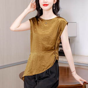 MAIMEI | Asymmetric Design Slim Fit Vest Golden T-Shirt Summer New Style Sleeveless Thin Acetate Top Korean Style Round Neck Pure Color