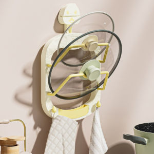 ชั้นวางจุกดูดติดผนังหม้อและที่ใส่ฝากระทะที่จัดระเบียบด้านบนหม้อตัวจัดการกำแพงลูกฟูก