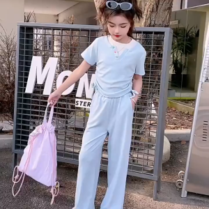【Sweet Kids】New Terno For Kids Girl Kids Suit 6-15YRS Short Sleeve Wide-Leg Pants Cotton Soft Summer Candy Terno Summer Suits Fashion Two-piece Set