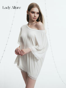 Elegant Soft Lace Asymmetric Shoulder Sleeves Sleepwear Set