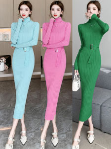 ชุดเดรสยาวถักคอสูงสำหรับผู้หญิง ฤดูใบไม้ร่วง/ฤดูหนาว เอวกลาง แขนยาว สไตล์เกาหลี กระโปรงทรงเอ เดรสยาวคลุมเข่า