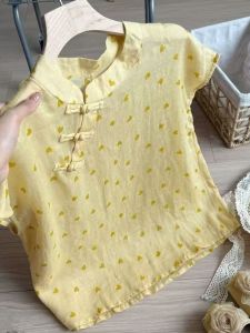 Áo Sơ Mi Tay Ngắn in Hình Trái Tim Cỡ Lớn Thời Trang Mới Cho Nữ Mùa Hè 2025 Áo Sơ Mi Rộng Rãi Phong Cách Trung Hoa Cổ Đứng