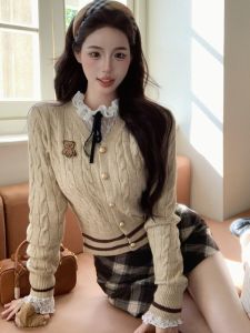 GUZILIAN | Korean Style Knitted Set Womens Fashionable Lace Checkered Skirt Three Piece Suit Soft And Comfortable College Style Outfit