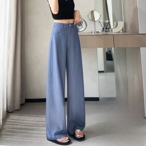 JIANGLU | Ice Silk Knitted Wide Leg Pants Women Summer High Waist Draped Floor Length Lightweight Breathable Straight Cut Denim Style