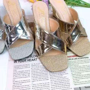 Dép nữ đế xuồng cao gót 5p bọc kim tuyến quai bản chéo da bóng - X035