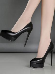 Waterproof Platform High Heels Womens Thin Heel Professional Sharp Pointed Toe Single Shoes Fashionable Pure Black Leather Surface