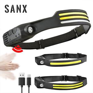 SANX LED Head Lamp COB Sensor Headlight USB Rechargeable Head Lamp Torch 5 Lighting Modes Work Light Strong Light Night Running Light