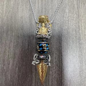 Tibetan Style Six-Syllable Mantra Pendant Necklace Vintage Feel Male Model Tibetan Buddhist Sakya Silver Jewelry Accessory