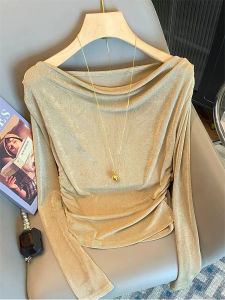 SHANGSHA | Korean Style Unique Age-defying Champagne Colored Swing Neck Long Sleeve T-shirt