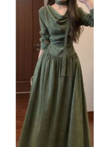 Vintage French Elegant Slimming Waist-cinching Long Dress