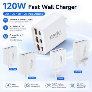 Mobile Phone Fast Charger EU/AU/US/UK Plug 6-Ports with TYPE-C & USB PD45W QC3.0 Wall Charger Adapter for iPhone Xiaomi HUAWEI