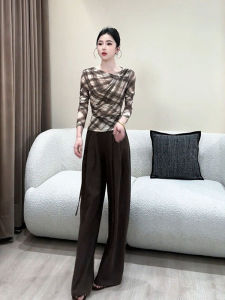 High-end Fashion Design Plaid Ombre Fitted Long Sleeve T-shirt