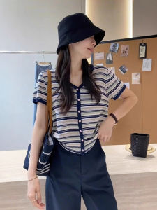 Áo Len Cardigan Tay Ngắn Màu Xanh Sọc Kiểu Pháp Cổ Chữ V Cho Nữ Mùa Hè Thanh Lịch Thiết Kế Ngắn Mỏng Áo Len Dệt Kim