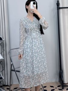 Spring Autumn Floral Print Slim Fit Midi Dress Long Sleeve V Neck Fairy Style Womens Dress Fashionable Elegant Casual Skirt