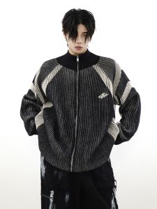 Sọc Sọc Cổ Điển Của Mỹ Khóa Kéo Áo Khoác Cardigan Đồ Len Thanh Niên Dài Tay Thoải Mái Len Thường Ngày Dày Dặn Mùa Xuân Mùa Thu Áo Khoác Ngoài Dành Cho Nam