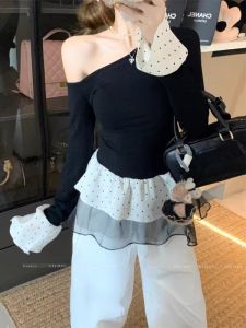 Áo Thun Tay Dài Ôm Sát Cơ Thể Kẻ Caro Lưới Mùa Xuân Thu Cho Nữ Áo Thun Pure Desire Phong Cách Hở Vai Áo Thun Tay Dài Thường Ngày