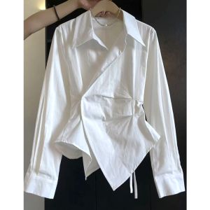 Korean Style Commute Shirt Long Sleeve Polo Collar Waist Cinched Belt Design White Office Shirt Breathable Regular Fit Womens Shirt