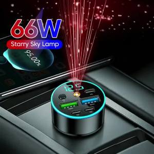 Sạc Ô Tô 66W Tích Hợp Máy Chiếu Sao 5 Cổng: 2 Cổng USB A 22.5W + 1 Cổng USB A 15W + 3 Cổng Type-C PD 15W Bộ Sạc Nhanh Cho Điện Thoại Di Động