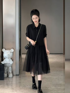 Slightly Oversized Girls Elegant Hepburn Style Little Black Dress Female Fat Sister Summer New Mesh Patchwork Shoulder Black Dress