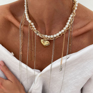 Ingemark Multilayer Love Heart Star Tassel Pendant Choker Necklace for Women Vintage Imitation Pearl Beads Chain Neck Jewelry