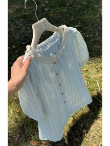 NUMEN BUTTON | Blue Lace and Stripes Blended Short-sleeved Womens Summer Casual Shirt
