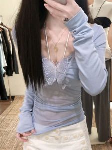 French Mesh Splice Hollow Blue Butterfly Long Sleeve Womens T-shirt Slimming Base Layer Top for Autumn Winter