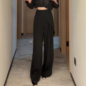 High Waist Straight Leg Casual Wide Leg Pants Black Splicing Suit Pants Womens Autumn New Style Drapey Loose Fit Trousers