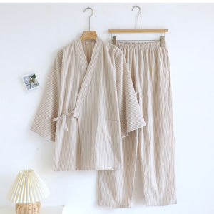 Japanese-Style Kimono Pajamas Men Pure Cotton Stripes Loose Large Size Thin Sweat Steaming Home Clothes Suit Long Sleeves Pants