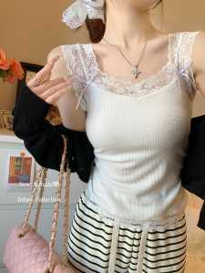 Miu Style Lace Splice Butterfly Knot Strap Vest Women Spring Summer Pure Desire U Neck Inner Wear Sleeveless Mini Top