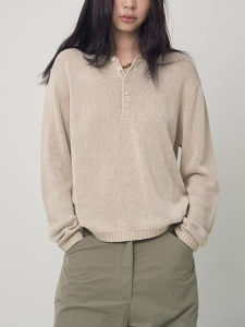 Ladies Long Sleeve Knitted T-Shirt Loose Lazy Base Layer Shirt Casual Versatile Half Open Collar Knitwear for Autumn Season