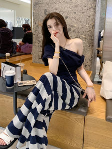 Bộ Đồ Hai Mảnh Thường Ngày Cho Nữ Mùa Hè 2025 Bộ Đồ Hai Mảnh Có Vai Chéo Tay Ngắn Quần Ống Rộng Kẻ Sọc Màu Trơn