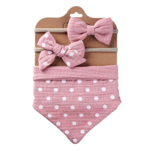 3Pcs/Set Muslin Cotton Baby Bib Bow Headband Adjustable Button Triangle Saliva Towel Print Infant Boy Girl Feeding Burp Cloth