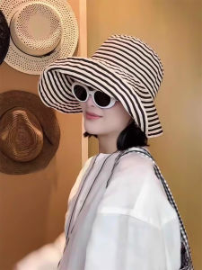 Foldable Summer Striped Fishing Cap Womens New Long Sun Protection Hat Fashionable Bucket Hat Large Head Circumference Sun Hat