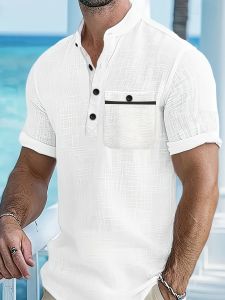 Fashionable High-Quality 100% Pure Cotton Solid Color Shirt with Pocket Design Contrasting Color Simple Style Mens Stand-Up Collar