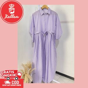 Gamis Wanita Panjang Karet Zipper Motif Kotak Babydoll Gamis Kerah Monalisa Nyaman dipakai - XELLEA