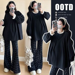 Stylish New Spring Maternity Set with Peter Pan Collar Lace Spliced Top Flare Pants