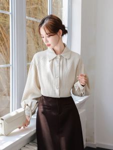 French Waffle Shirt Womens Doll Collar Fall and Winter Stylish Affordable Luxury Style Lantern Sleeve Loose Commuter Long Sleeve Shirt