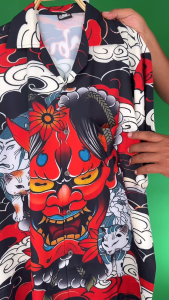 เสื้อฮาวาย คาบูกิแมวคู่ A1448 ผ้าไหมอิตาลีแท้