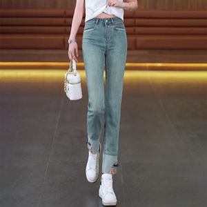 New Chinese Style Straight-leg Denim Female 2024 New Arrival Spring/Summer High Waist Slimming Retro Light Color Embroider National Style Cigarette Pants