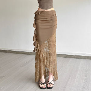 SylCue Mesh Patchwork Long Skirts Women Elastic Waist Solid Ruched Ruffles Tassel Street Fashion Elegant Style Skinny Outfits