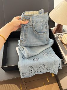 Womens Embroidered Hollow Wide Leg Jeans High Waist Loose Fit Spring Autumn Casual Denim Skinnies with Pockets
