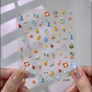 1Pcs 5D Summer Fruit Starfish Swim Ring Nail Stickers Cartoon Flip Flops Sunglasses Soft Drink Nails Decals Beach Manicure Decor