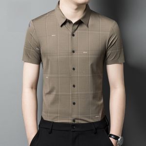 ROMON | Lormen Mens Short Sleeve Shirt Ice Silk Thin Summer Business Casual Checkered No Ironing Required Fashionable Youth Poplin Shirt