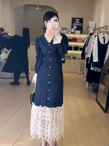 French Elegant High Waist Mermaid Dress Lace Splicing V-Neck Long Sleeve Spring New Style Womens Fashion Dress
